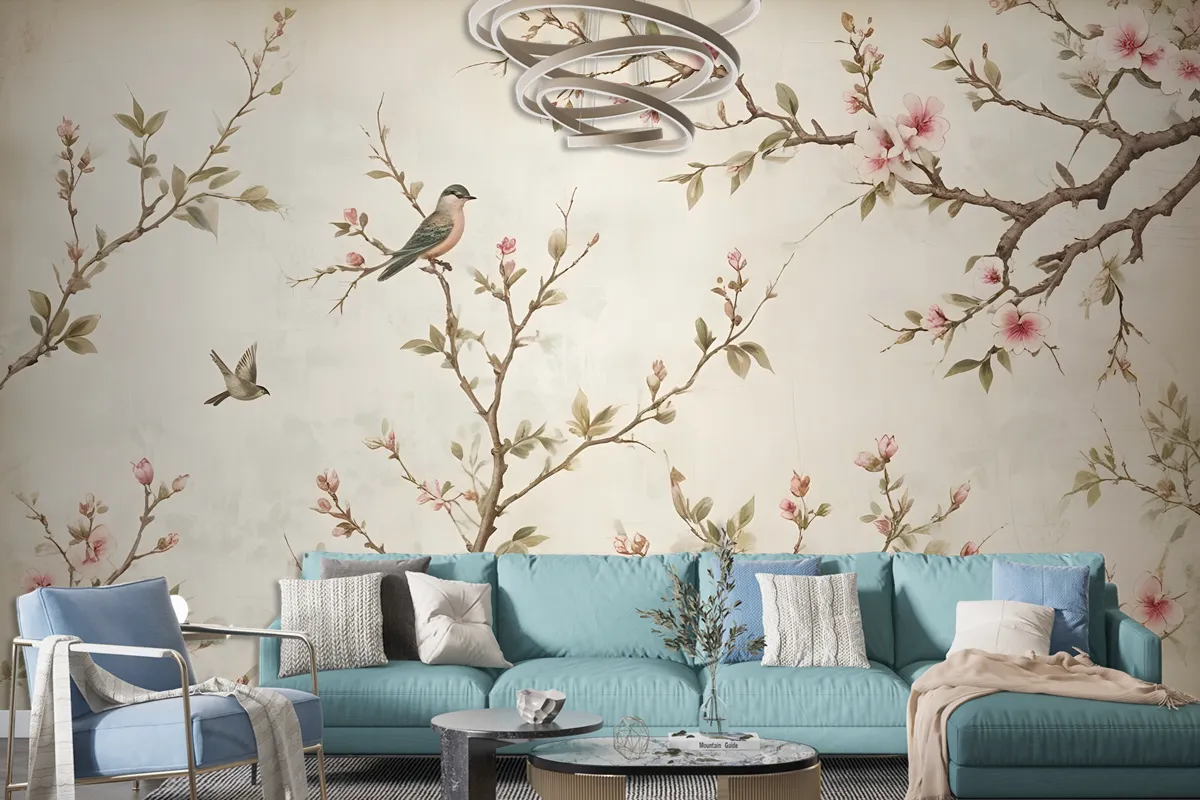 Soft Chinese Florals With Little Birds Wallpaper Mural