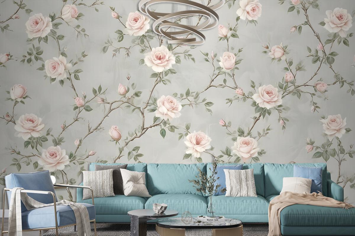 Soft Chinoiserie Peony Tree Blossom Art Wallpaper Mural