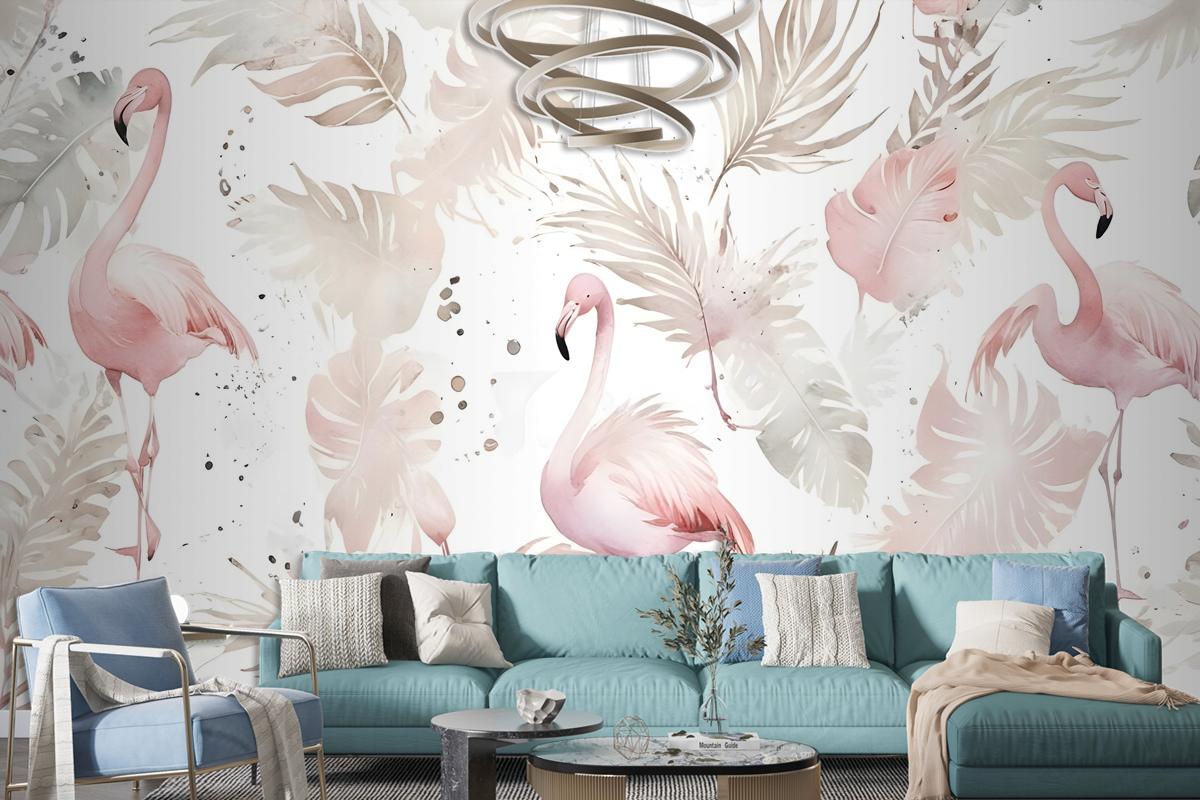 Soft Flamingo Art With Boho Tropical Leaf Wallpaper Mural