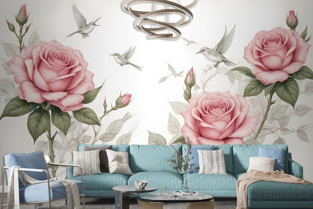 Soft Pink Flower And Charcoal Drawing Roses Wallpaper Mural