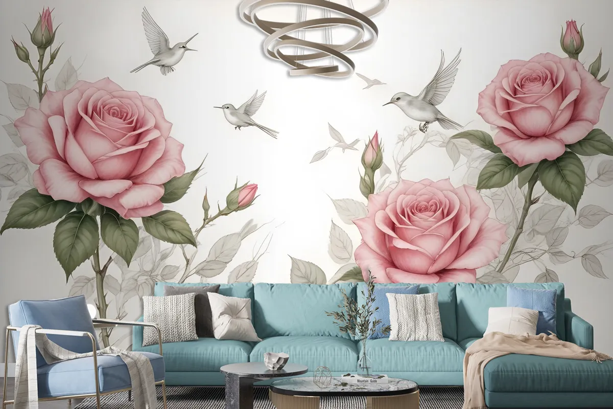 Soft Pink Flower And Charcoal Drawing Roses Wallpaper Mural