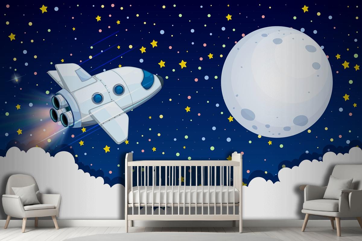 Spaceship Flying To The Moon Wallpaper Mural