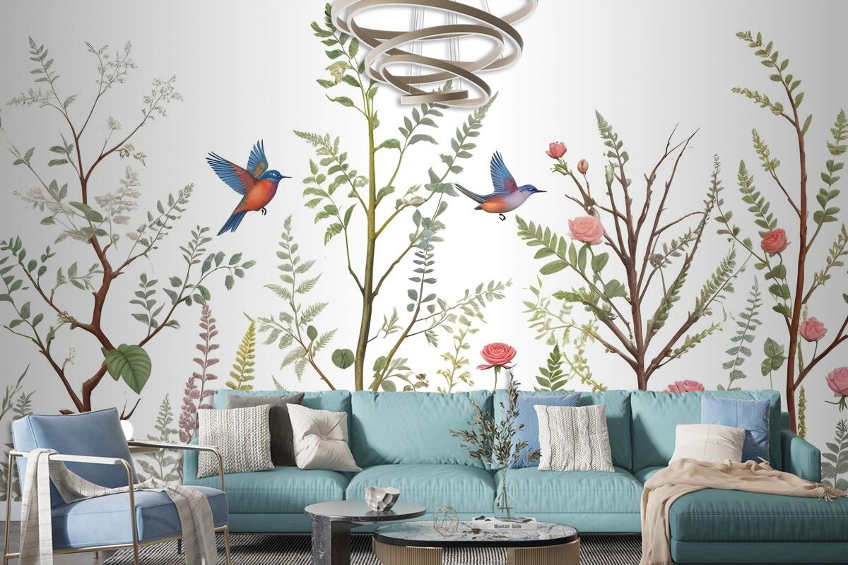 Spring Flower With Birds On The Trees Wallpaper Mural