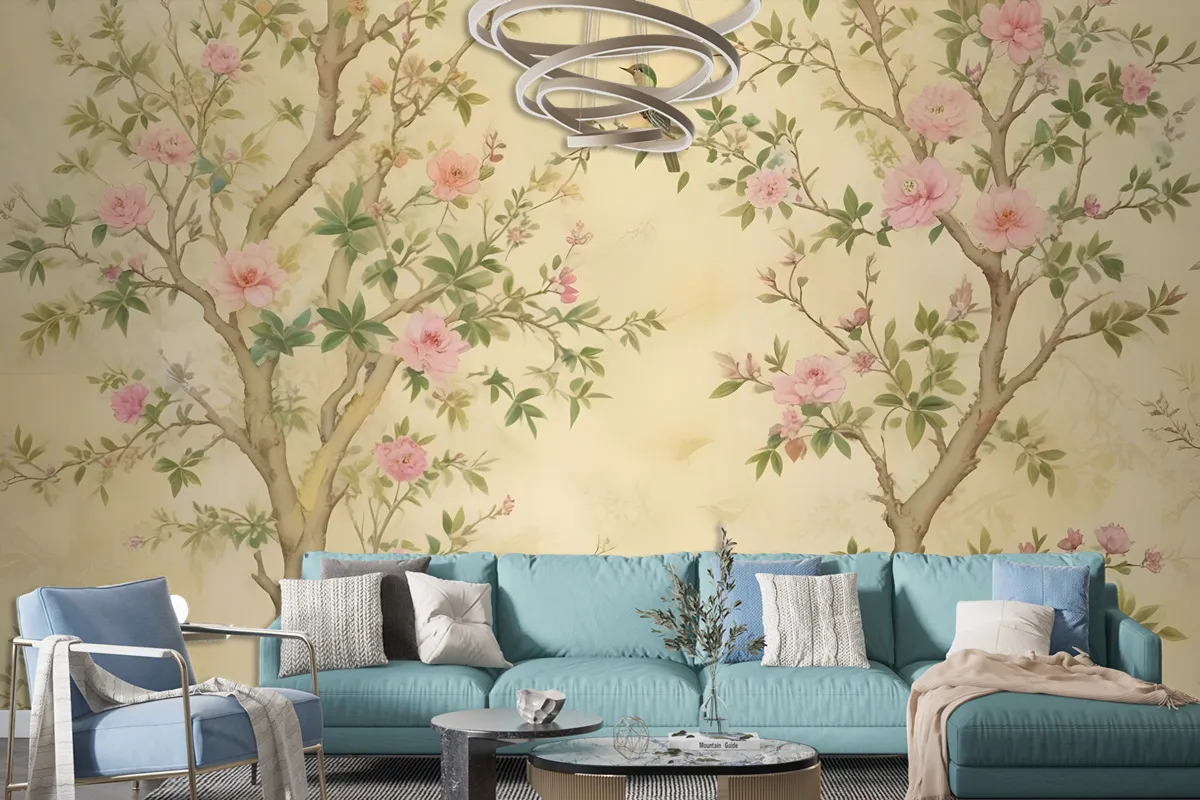 Spring Flowers Birds On The Yellow Background Floral Chinoiserie Wallpaper Mural