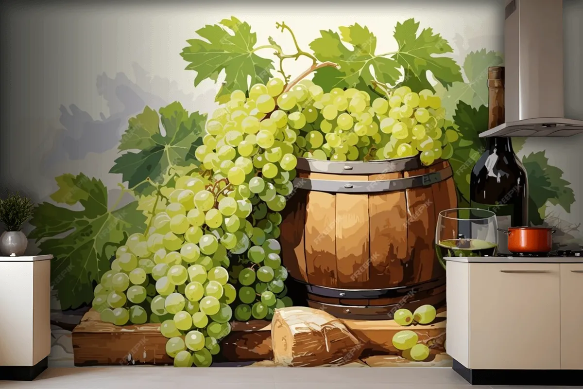 Still Life With Bottle Of White Wine Glass Of Wine And Grapes On Table In Vineyards Wallpaper Mural