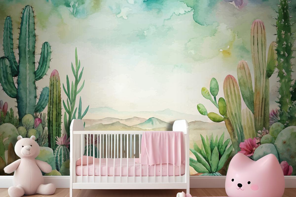 Succulent And Cactus Watercolor Background Wallpaper Mural