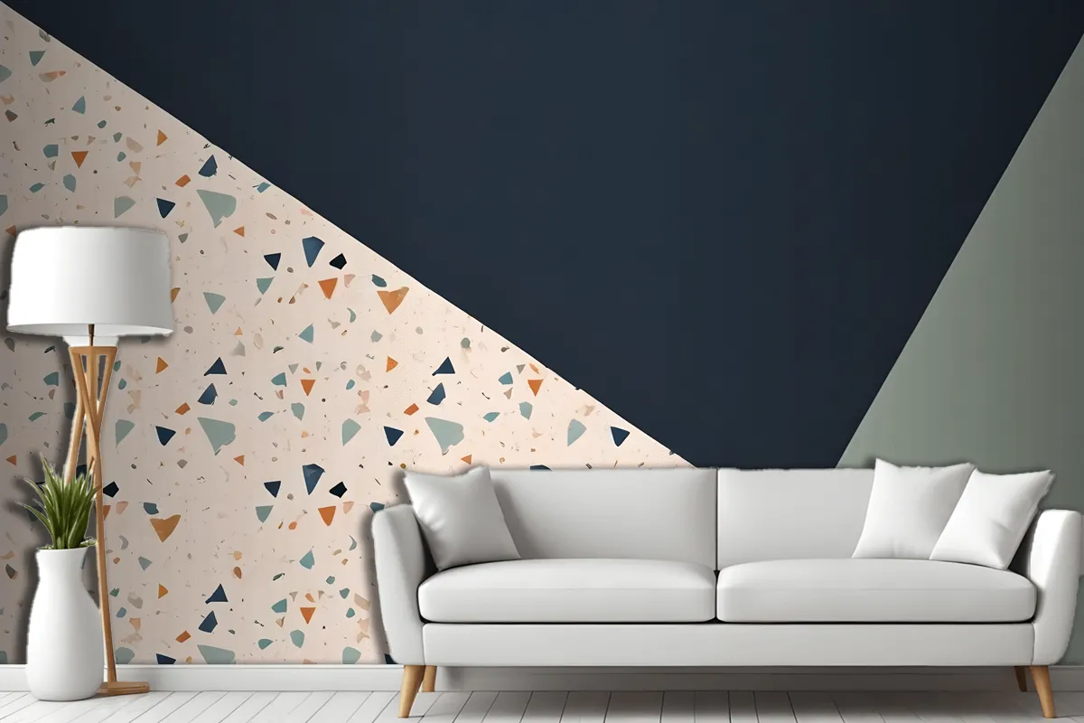Terrazzo Style Pattern With Various Shapes Blue And Light Green Wallpaper Mural