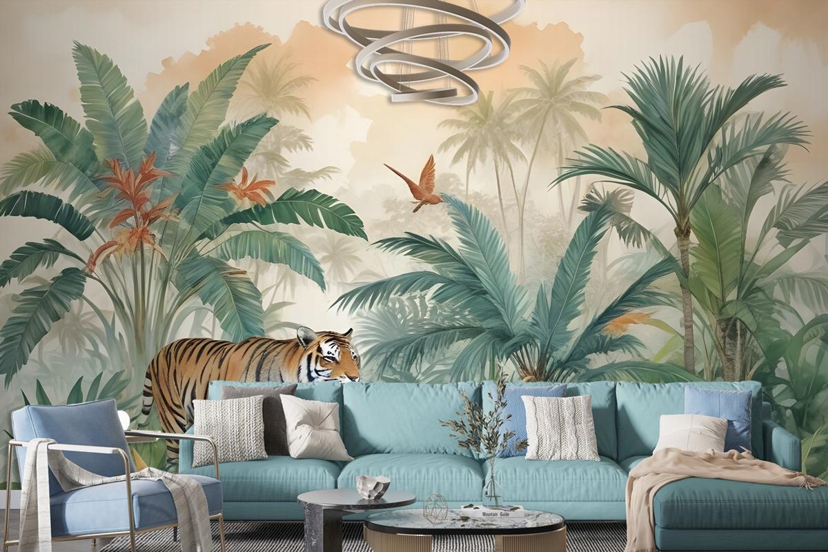 Tiger And Tropical Leaves Wallpaper Mural