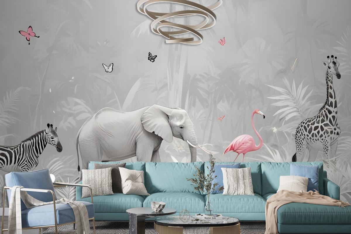 Tropical Animals With Leafs Wallpaper Mural For Children