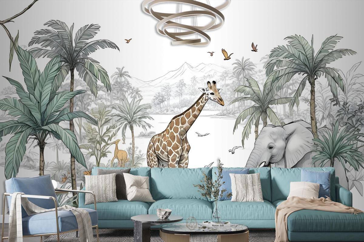 Tropical Animals With Mountain Wallpaper Mural