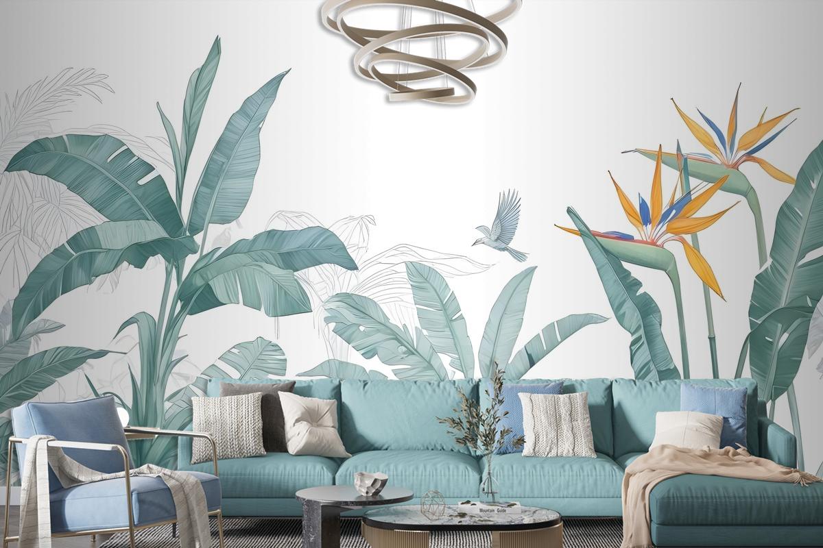 Tropical Banana Leaf With A Bird Wallpaper Mural