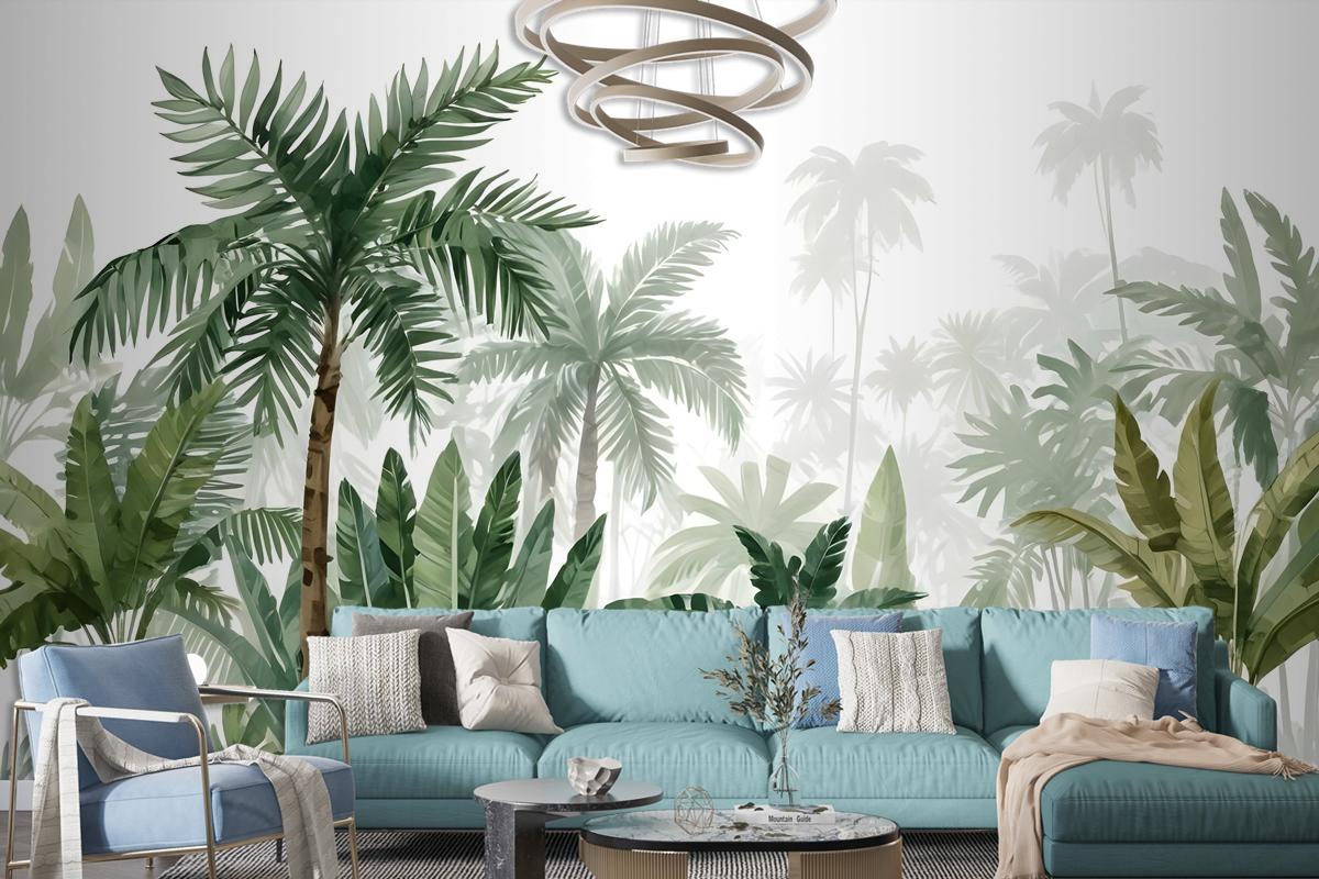 Tropical Cartoon Palm Tree And Banana Leaves Wallpaper Mural