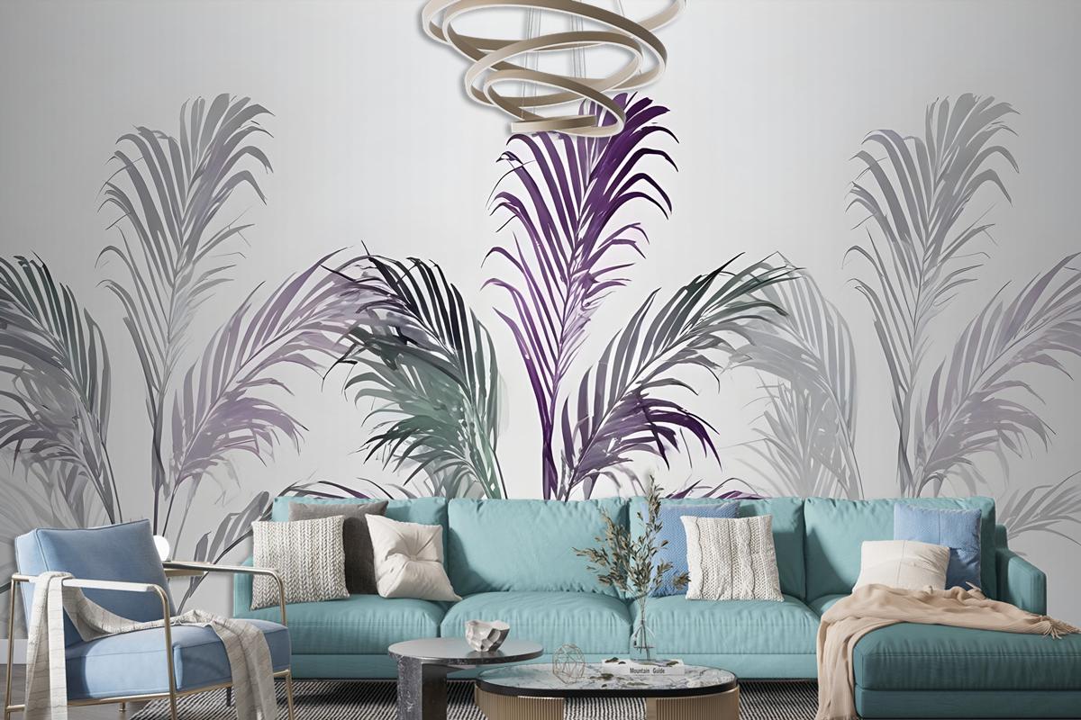 Tropical Fresh Purple Green Palm Leaves Wallpaper Mural