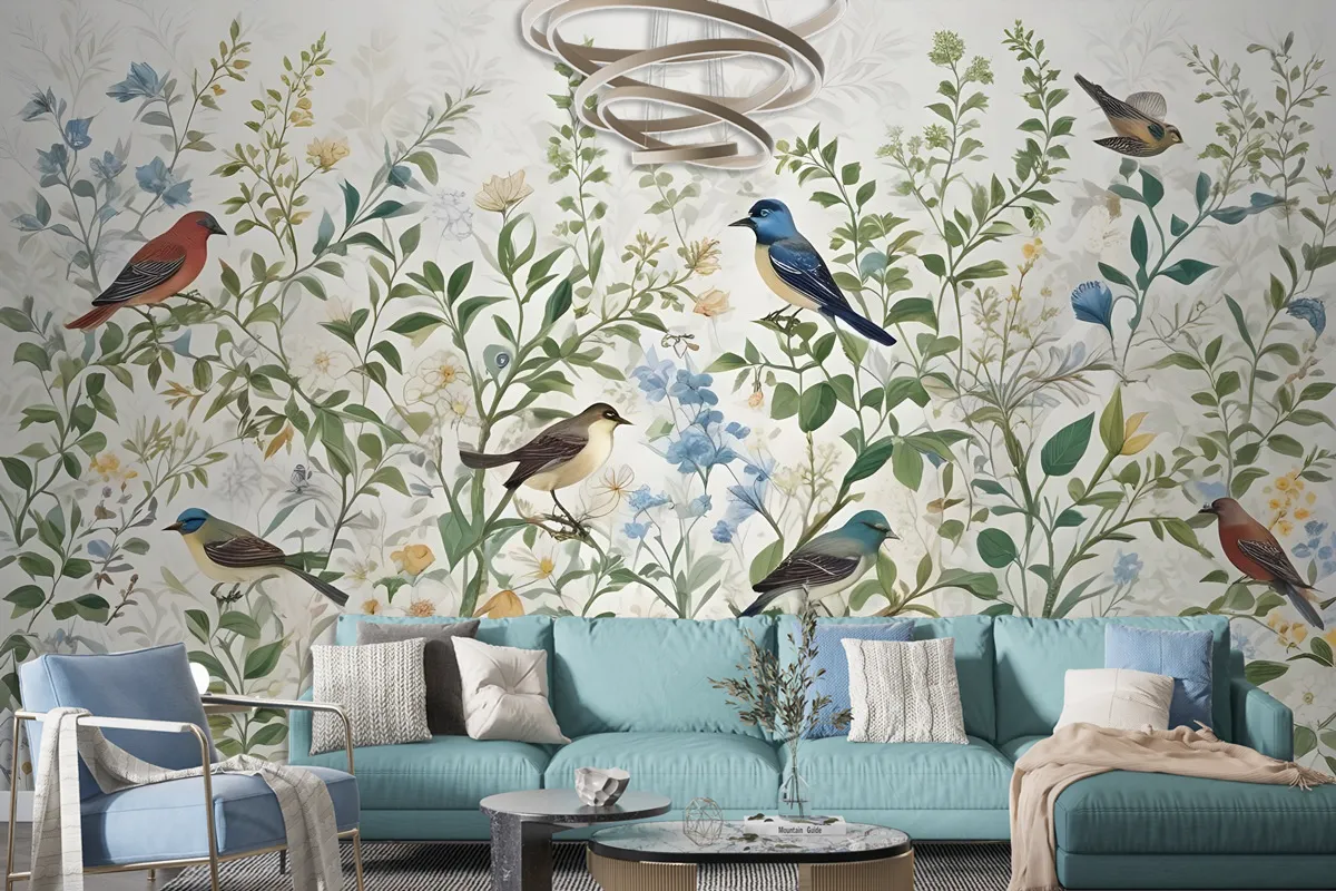 Tropical Green Leaves With Stork Wallpaper Mural