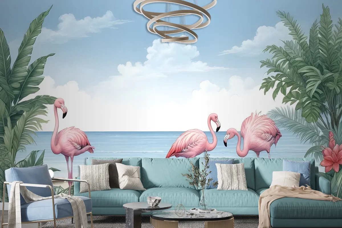 Tropical Landscape With Flamingos Wallpaper Mural