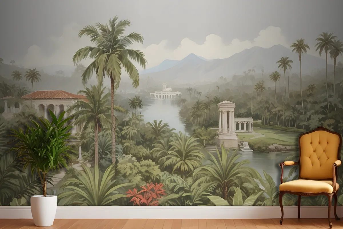Tropical Landscape With Lush Palm Trees Exotic Plants Wallpaper Mural