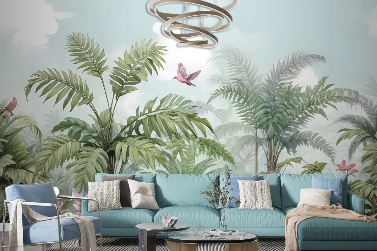 Tropical Leaves With Birds And Florals Wallpaper Mural