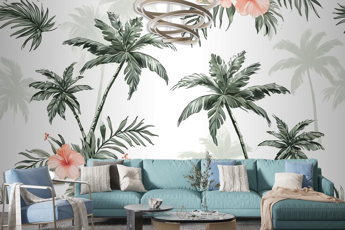 Tropical Palm Tree With Mirabilis Floral Pattern Wallpaper Mural