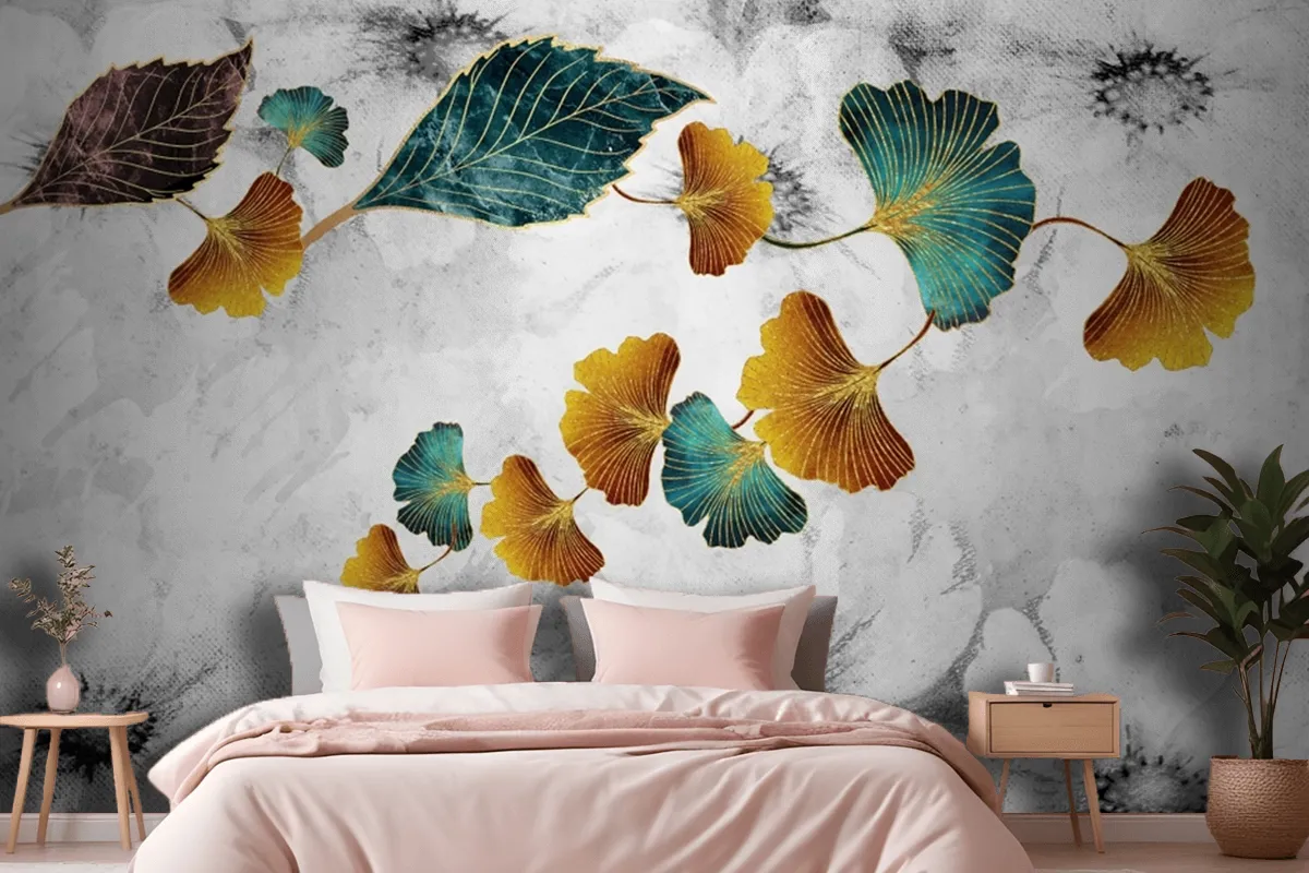 Turquoise And Golden Ginkgo Leaves In Light Gray Canvas Paint Wallpaper Mural