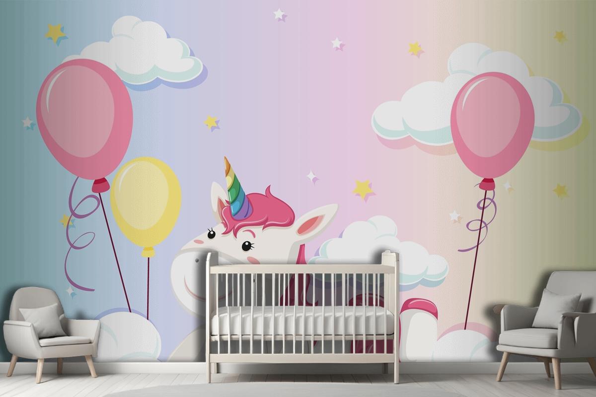 Unicorn Lay On The Cloud On Colorful Pastel Sky Background Wallpaper Mural