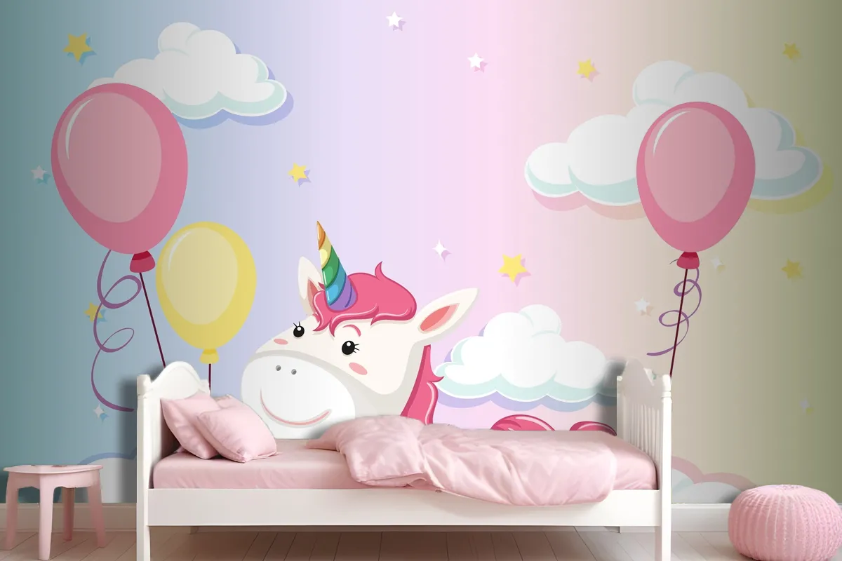 Unicorn Lay On The Cloud On Colorful Pastel Sky Background Wallpaper Mural