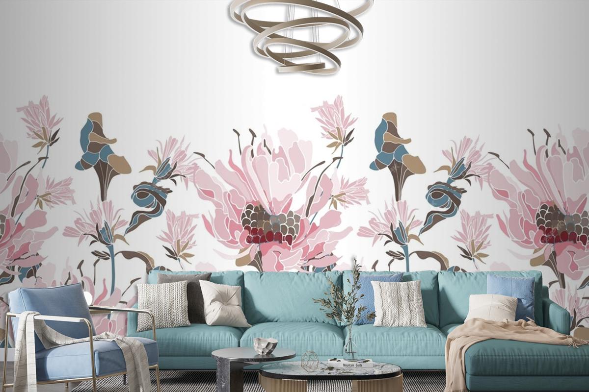 Pink Flowers Herbs Wallpaer Mural