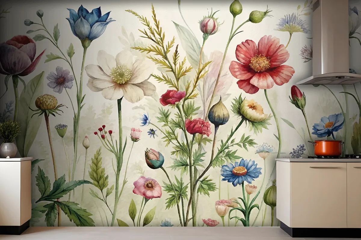 Vintage Botanical Style Wildflower Watercolor Wallpaper Mural