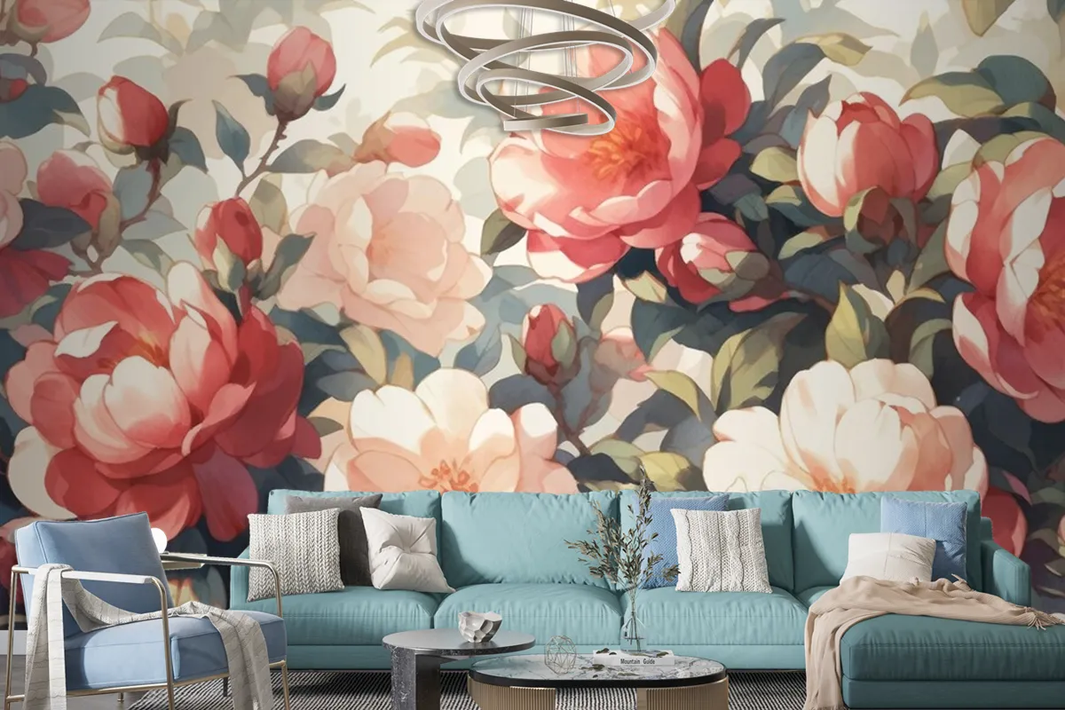 Vintage Camellia Pattern With White Background Wallpaper Mural