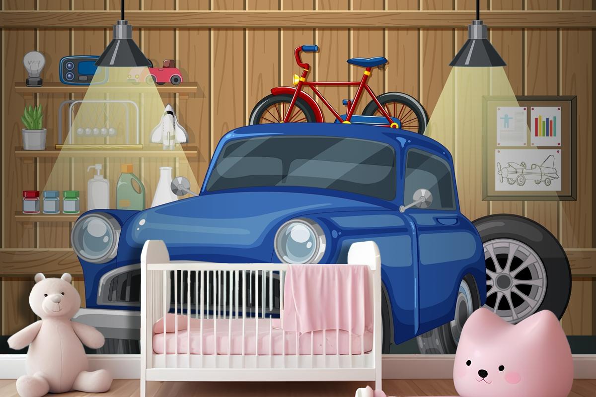 Vintage Car And Bicycle In Wooden Garage Wallpaper Mural