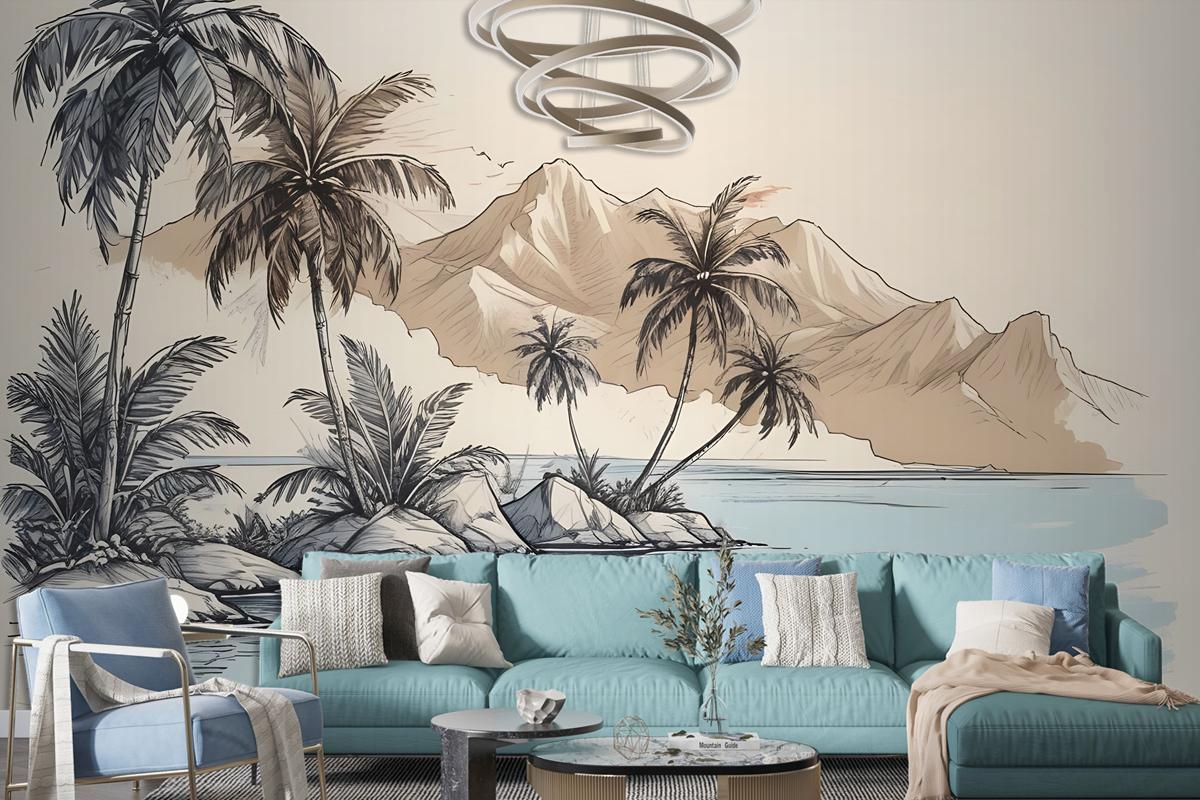 Vintage Charcoal Tropical Palm Tree And Summer Beach Wallpaper Mural