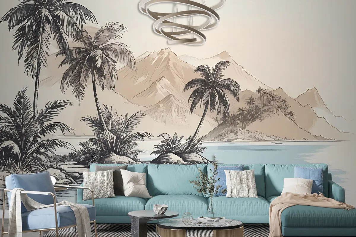 Vintage Charcoal Tropical Palm Tree And Summer Beach Wallpaper Mural