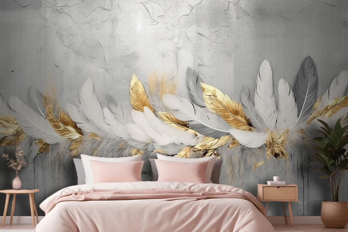 Vintage Feathers Blue Gold Brushstrokes Wallpaper Mural