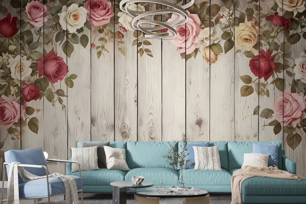 Vintage Floral With Wood Wall Wallpaper Mural