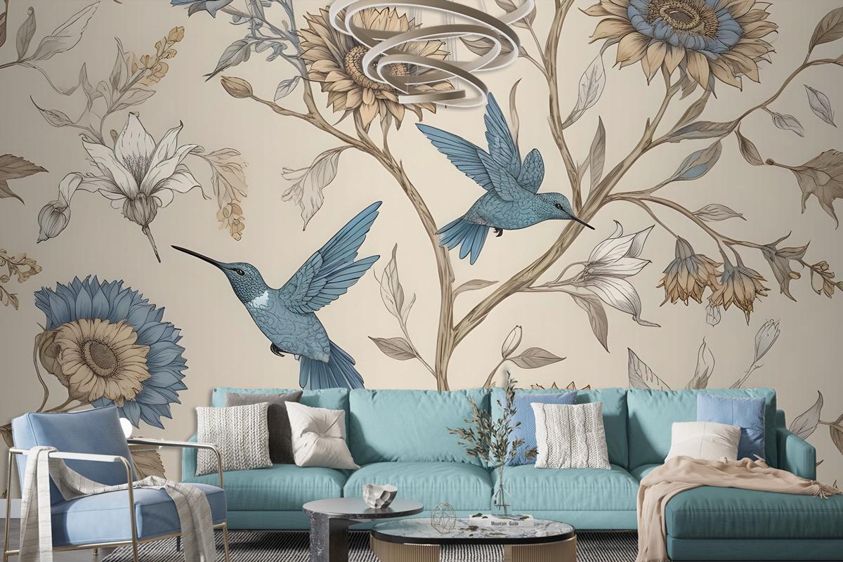 Vintage Flower With Hummingbird Wallpaper Mural