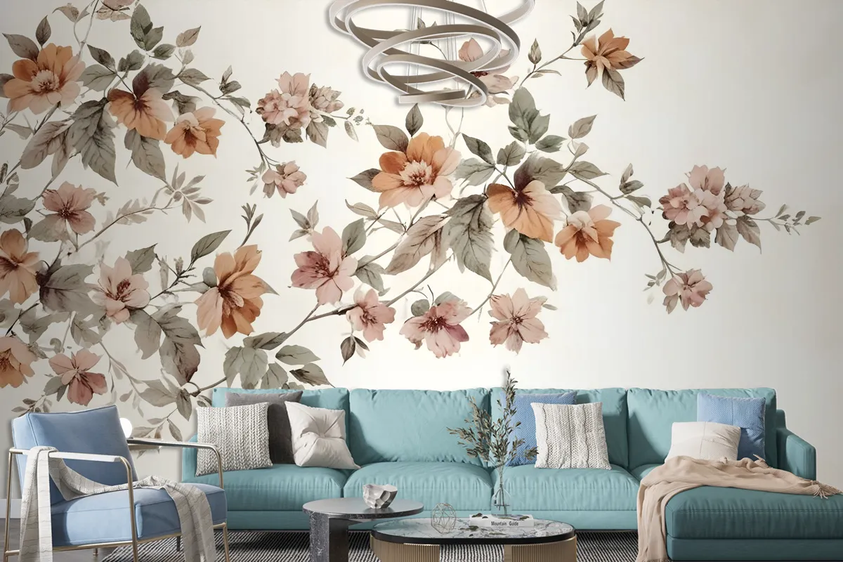 Vintage Orange Brown Flowers Wallpaper Mural