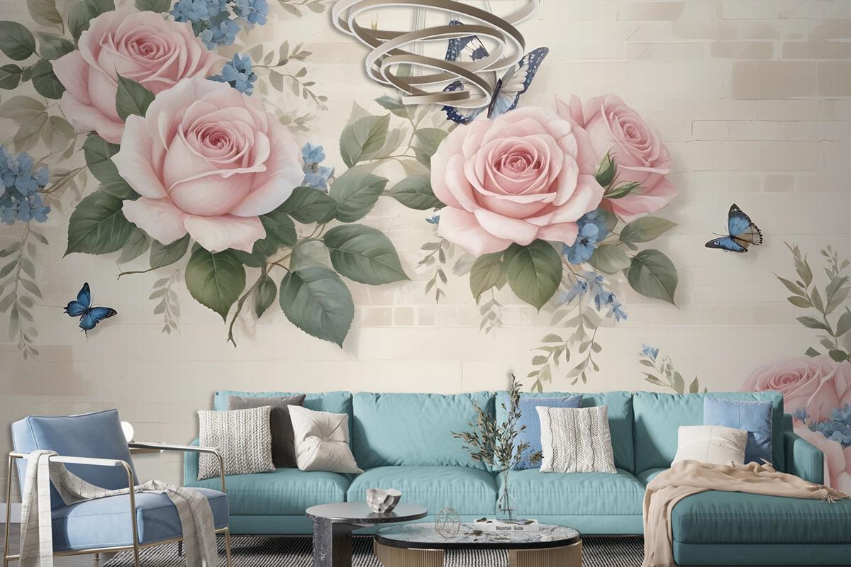 Vintage Pastel Pink Floral Wallpaper Mural