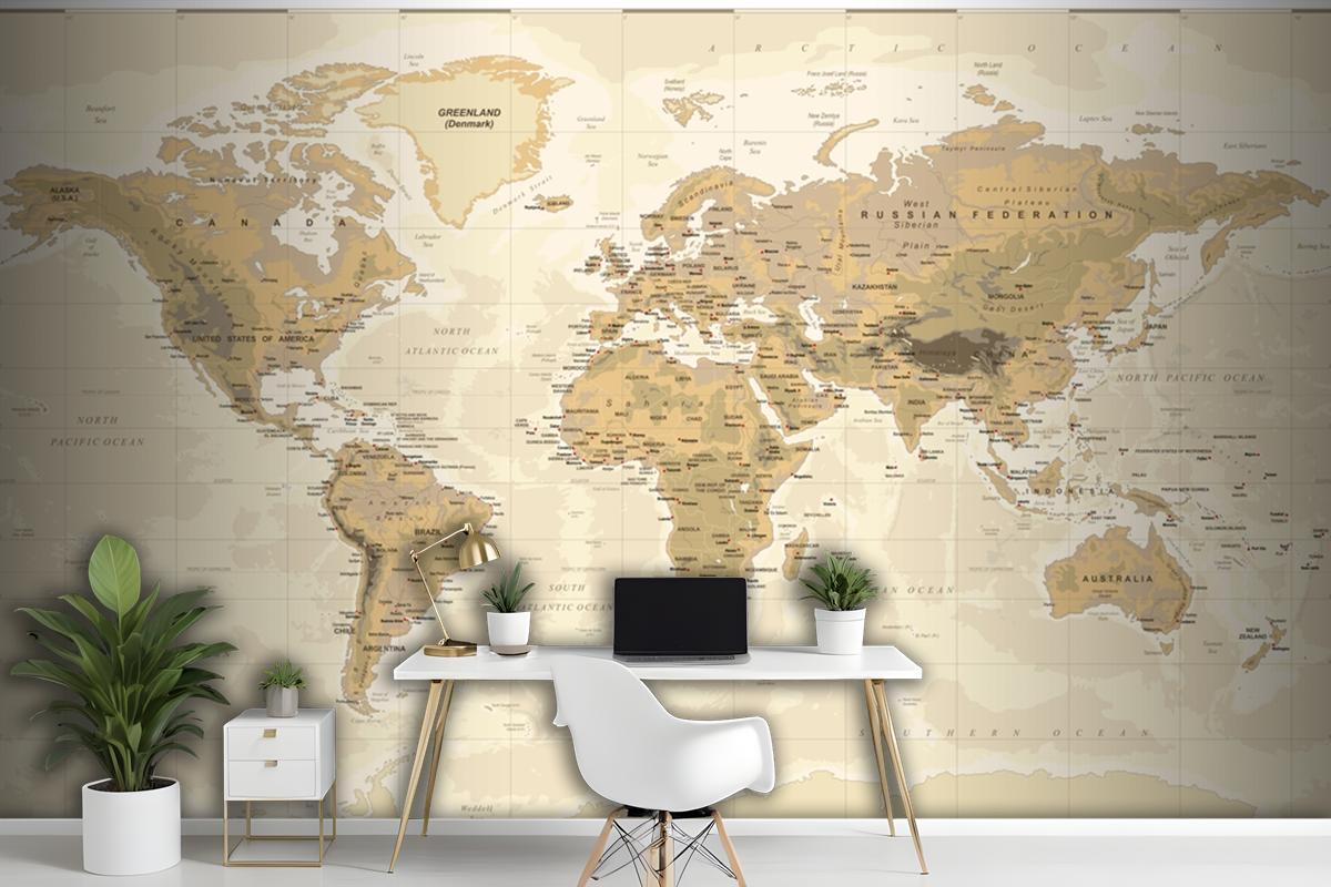 Vintage Physical World Map Wallpaper Mural