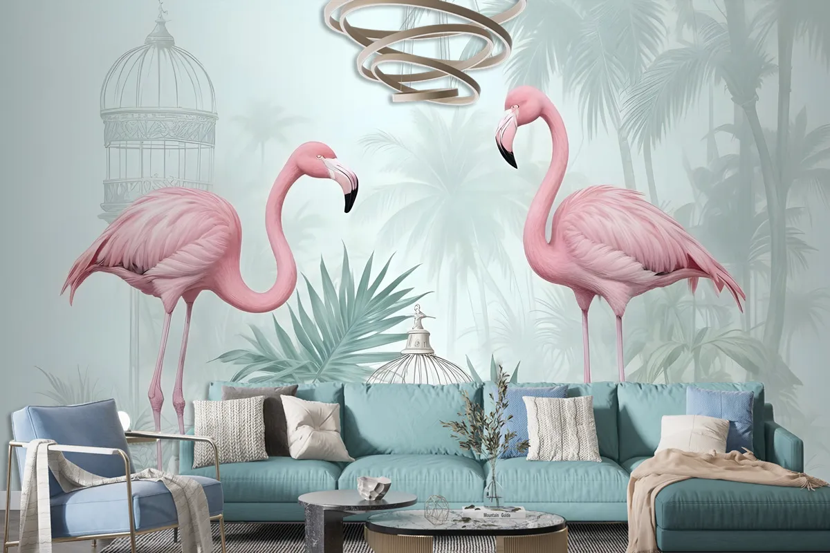 Vintage Pink Flamingo With Tropical Leaves Wallpaper Mural