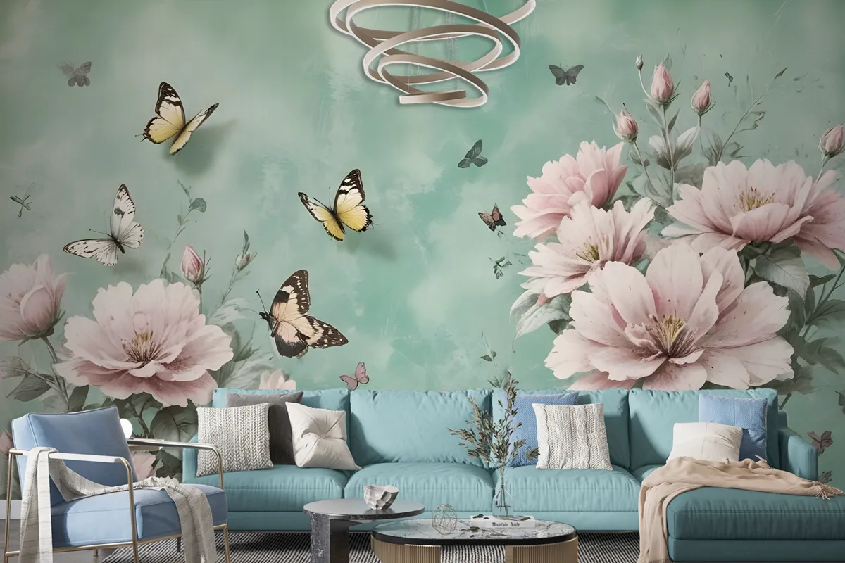 Vintage Pink Floral And Yellow Butterfly Wallpaper Mural