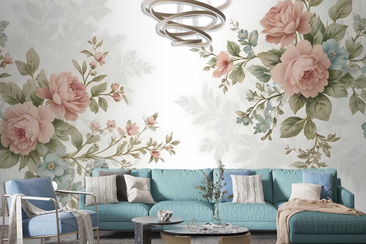 Vintage Pink Flowers Wallpaper Mural