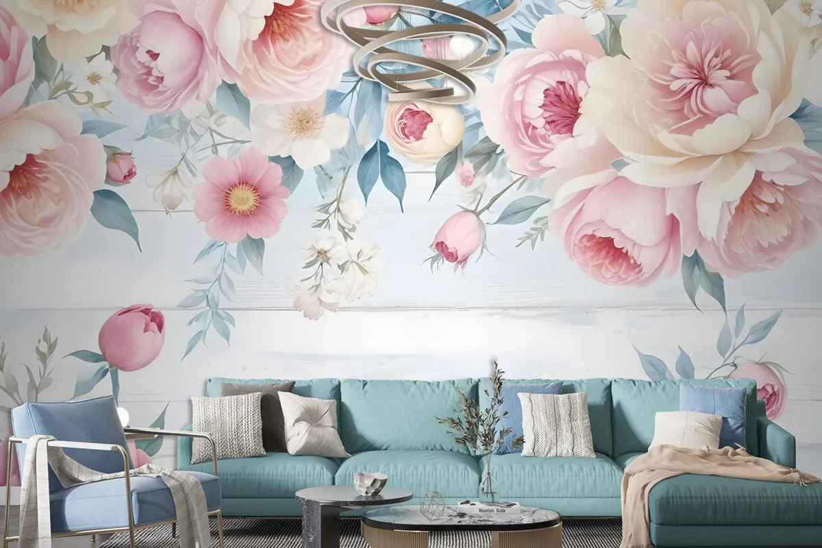 Vintage Watercolor Pink Flowers Wallpaper Mural