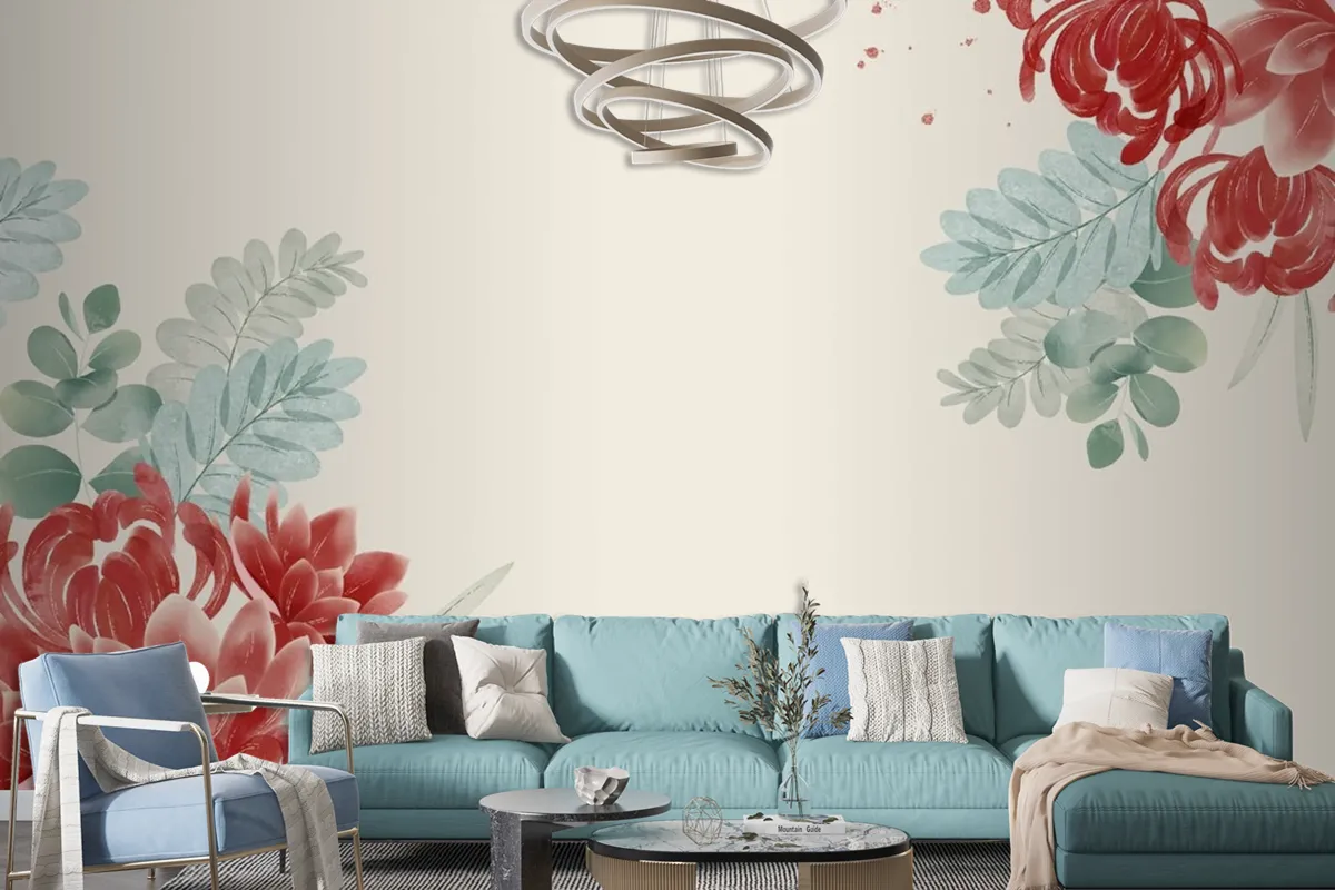 Watercolor Asian Flowers Wallpaper Mural