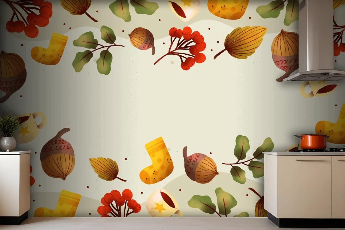 Watercolor Autumn Kitchen Wallpaper Mural