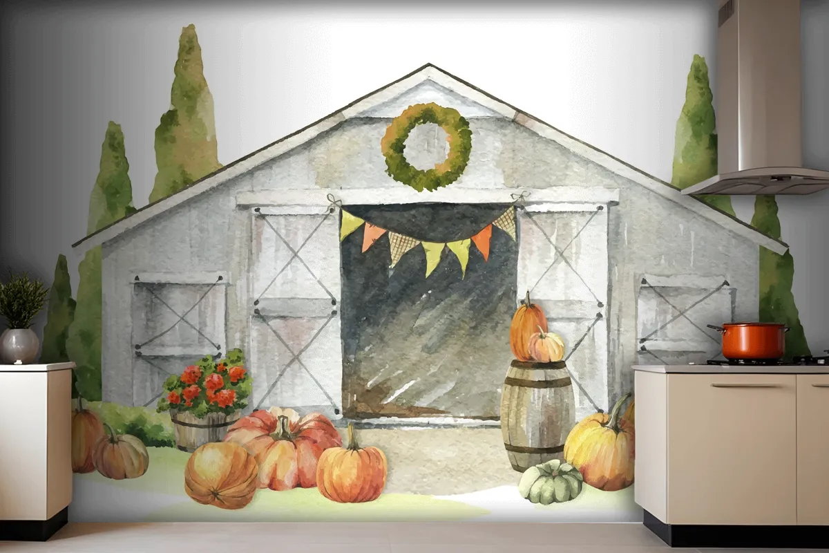 Watercolor Autumn Wooden Barn Pumpkin Harvest Wallpaper Mural