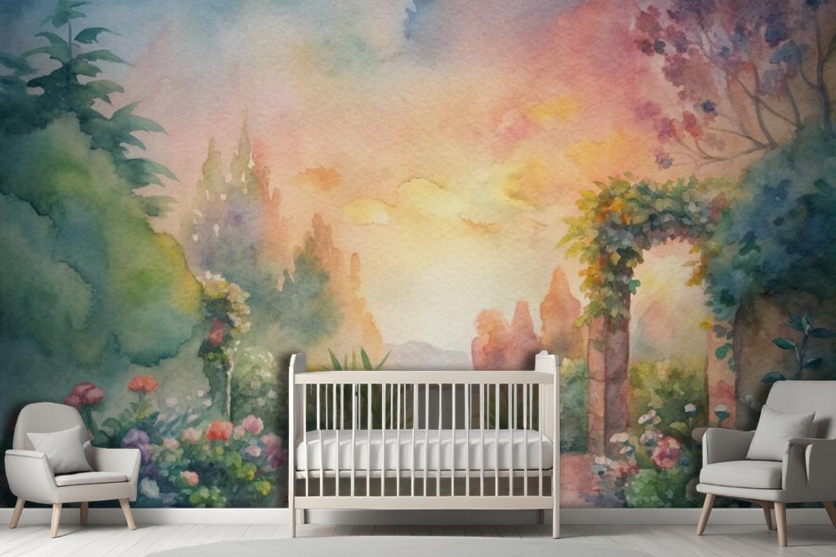 Watercolor Background Featuring A Flower Garden Wallpaper Mural