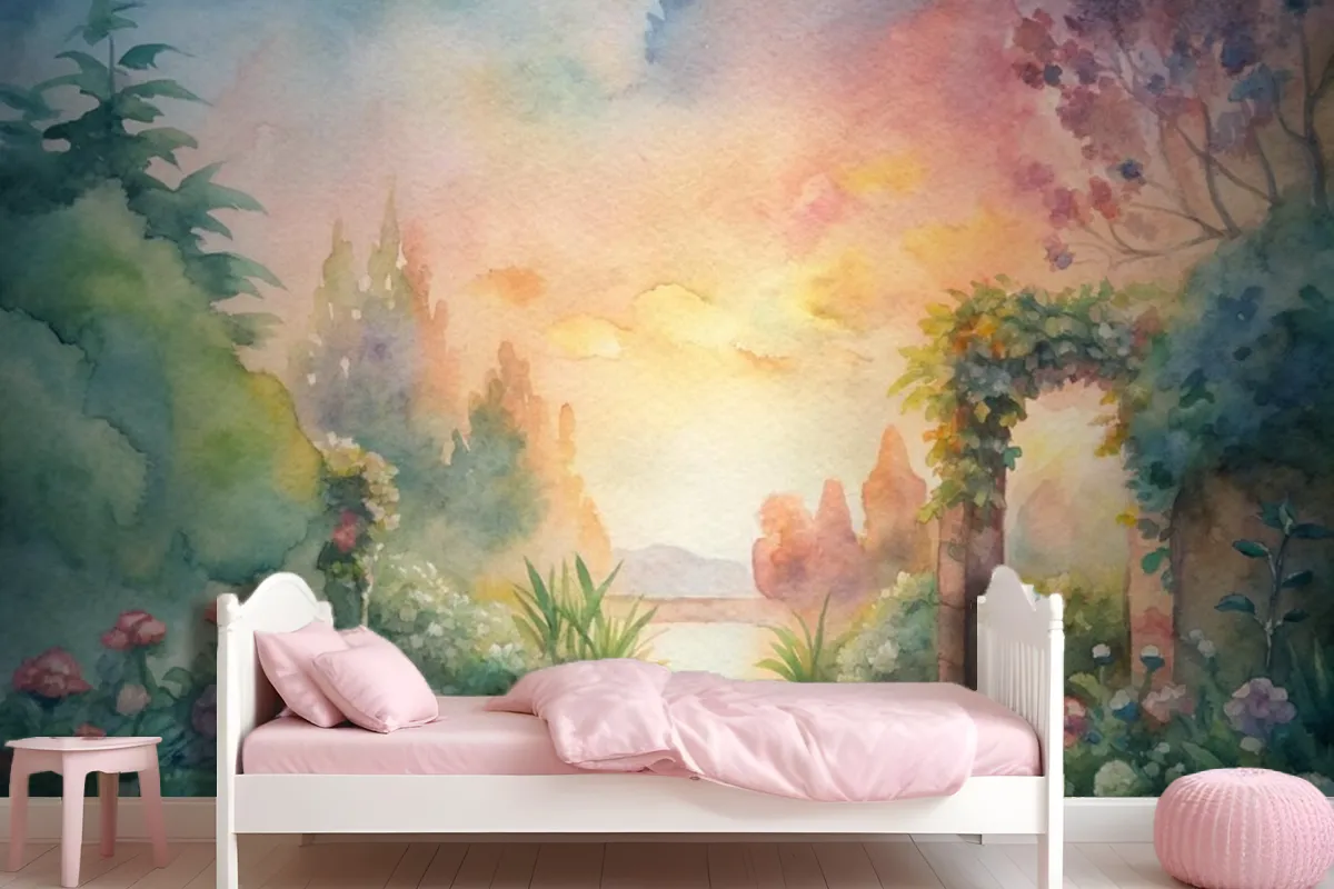 Watercolor Background Featuring A Flower Garden Wallpaper Mural