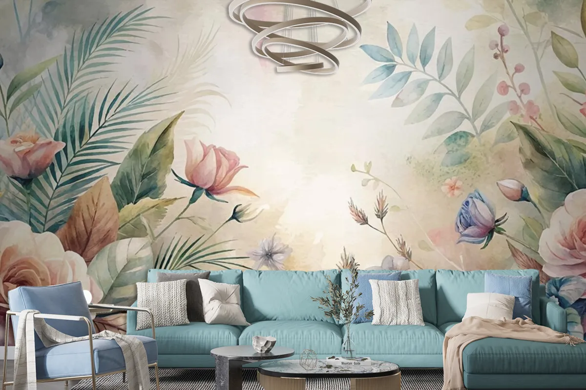 Watercolor Background Featuring Beautiful Flowers Wallpaper Mural