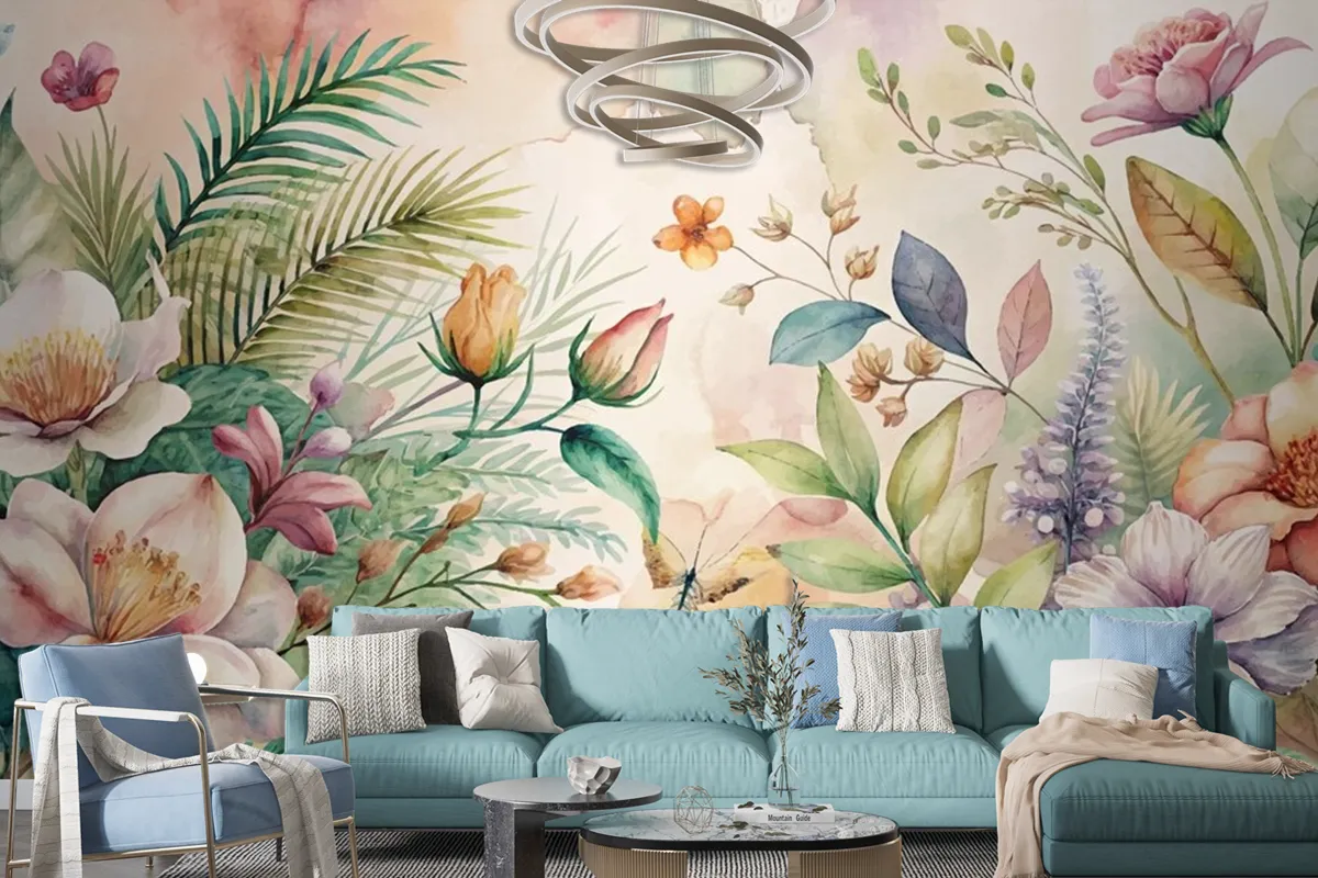 Watercolor Background Featuring Flowers And Lush Plants Wallpaper Mural