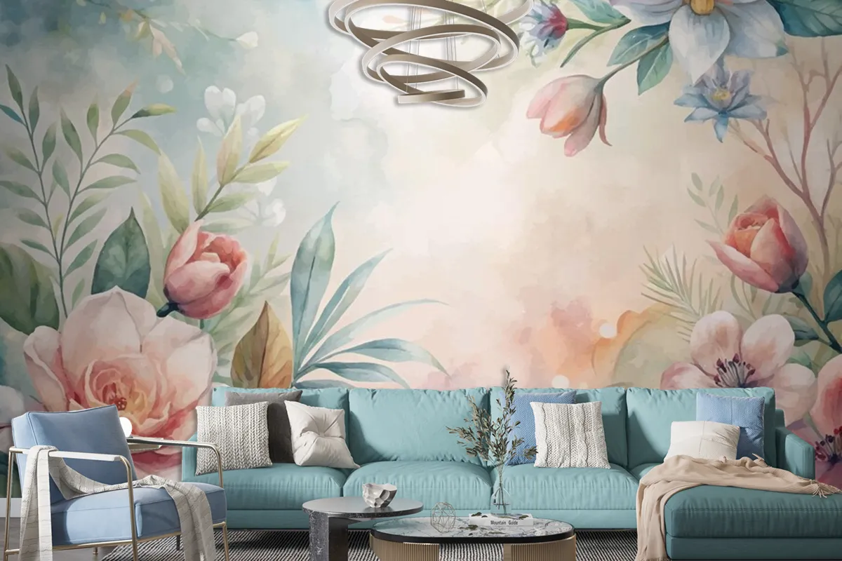 Watercolor Background Of Lush Flowers And Leaves Wallpaper Mural