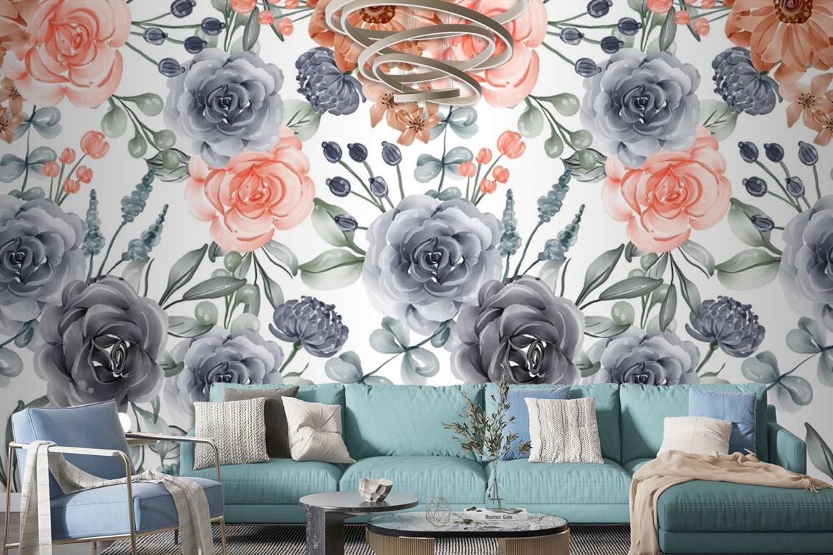 Watercolor Background Seamless Pattern Flower Navy And Peach Wallpaper Mural